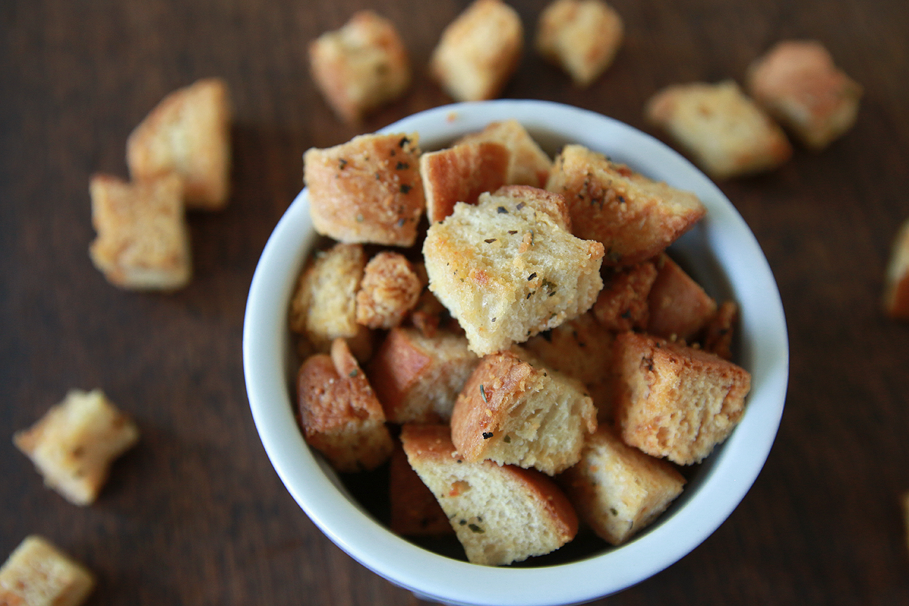 homemade parmesan and herb mini croutons